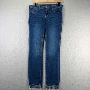 Pilcro Mid Rise Skinny‎ Jeans Dark Wash Distressed Raw Hem 28 Comfort Stretch